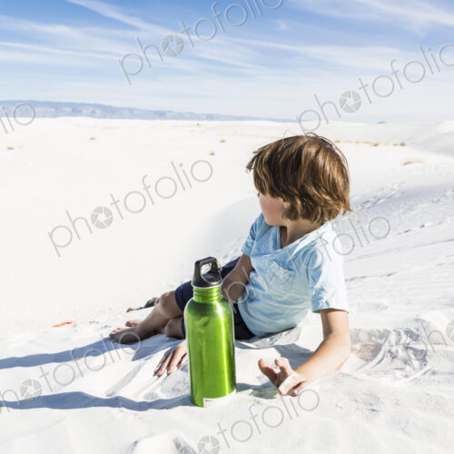 6 year old boy with green water bottle, White Sands Nat'l Monument 6 year old boy with green water bottle, White Sands Nat'l Monument