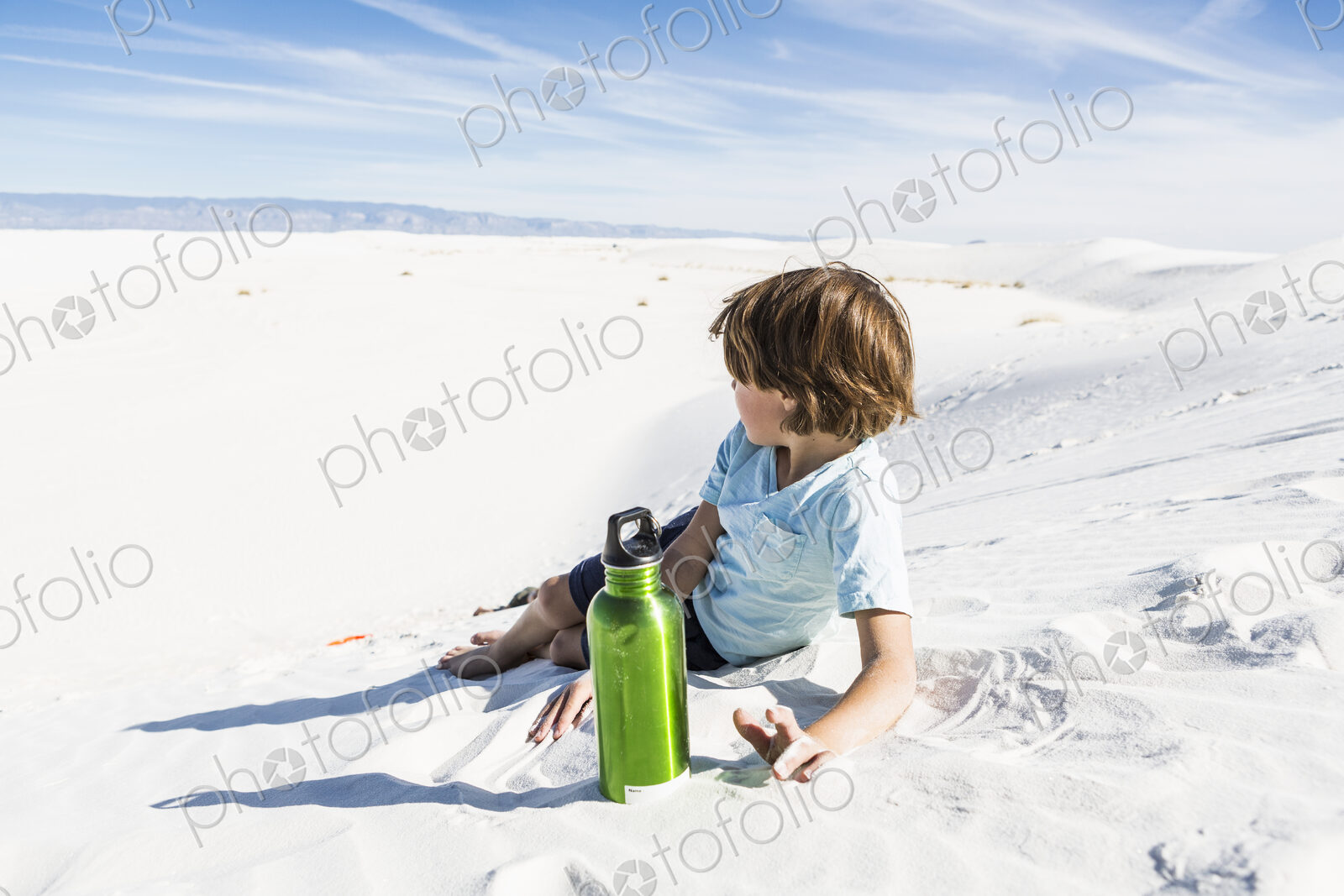 6 year old boy with green water bottle, White Sands Nat’l Monument