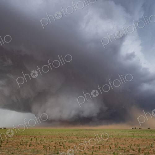 A Monster Wedge Tornado near Morton, clouds gathering in the sky above fields in a…