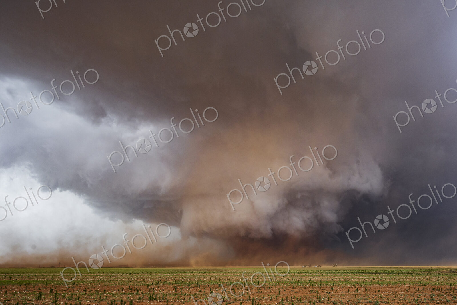 A Monster Wedge Tornado near Morton, clouds gathering in the sky above fields in a…