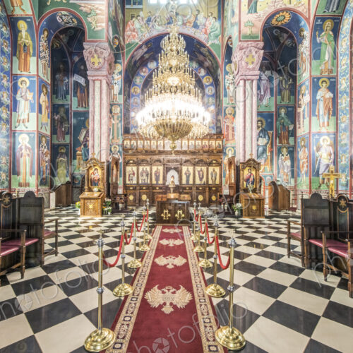 A Serbian Orthodox church interior in Ljublijana, murals, painted pillars and walls,… A Serbian Orthodox church interior in Ljublijana, murals, painted pillars and walls,…