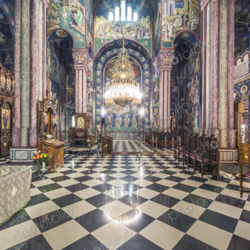 A Serbian Orthodox church interior in Ljublijana, murals, painted pillars and walls,… A Serbian Orthodox church interior in Ljublijana, murals, painted pillars and walls,…