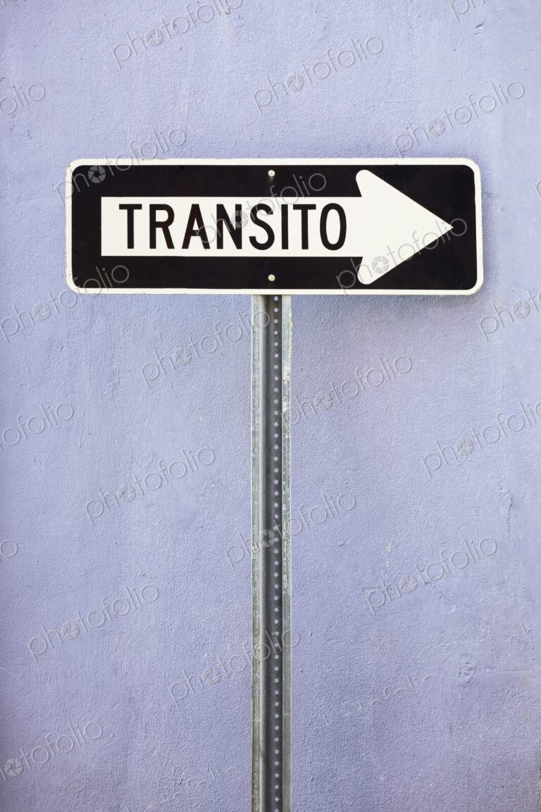 A black and white Spanish-language one-way traffic sign reading Transito is mounted…