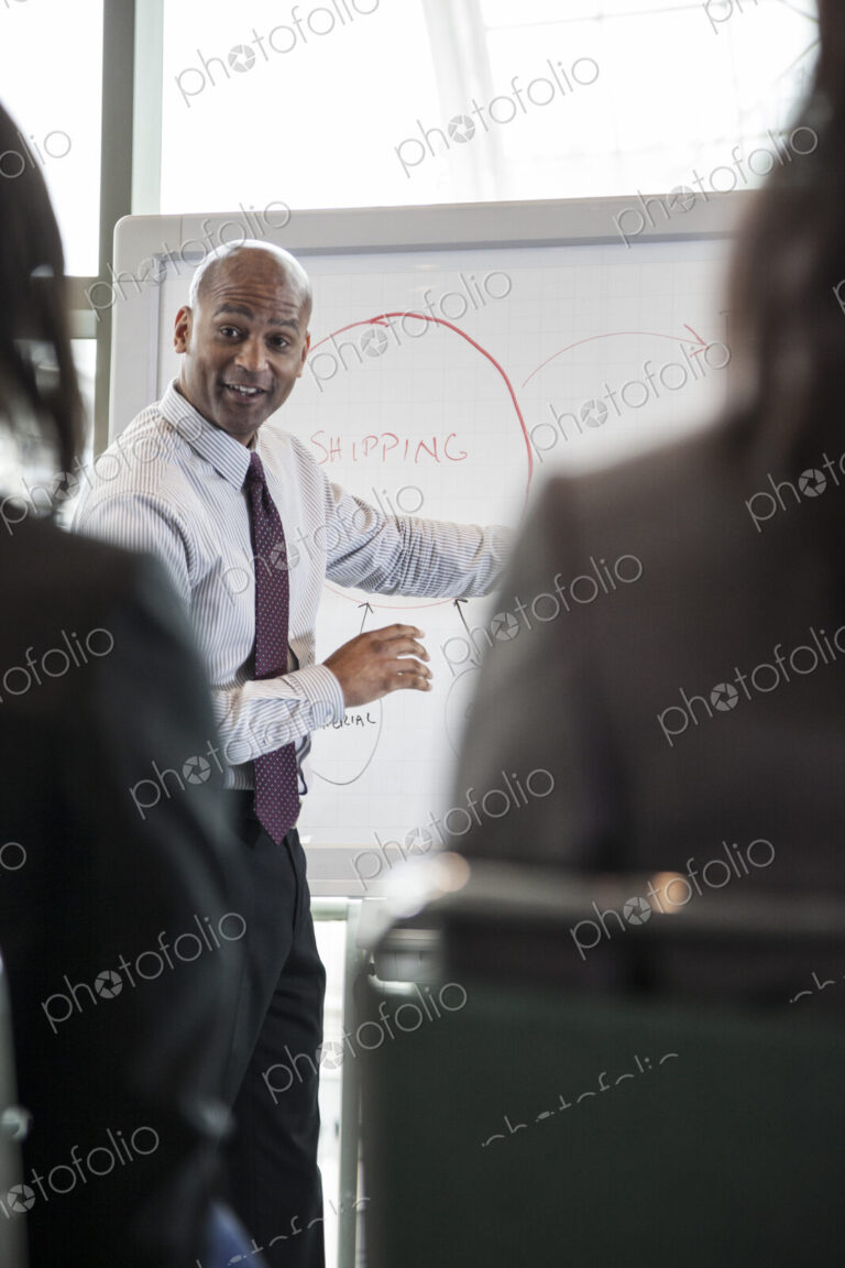 A black businessman leading a meeting standing at a white board.