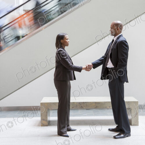 A black businesswoman shaking hands with a black businessman