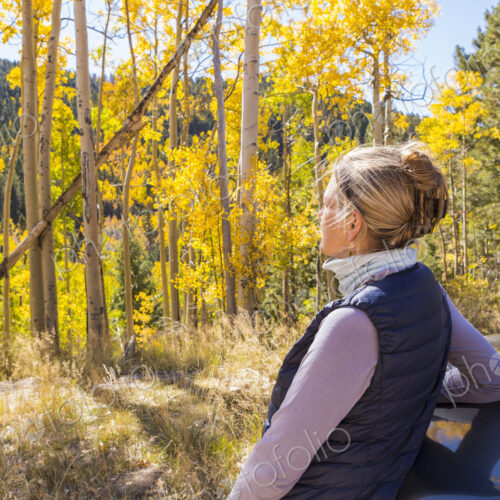 A blonde woman, hiker looking around at autumn aspen trees with bright yellow leaves.