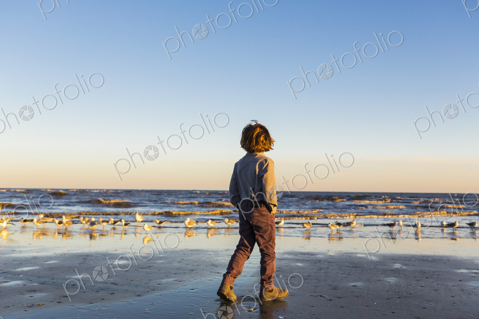 A boy walking on a beach, flock of seagulls on the sand. St. Simon’s Island, Georgia