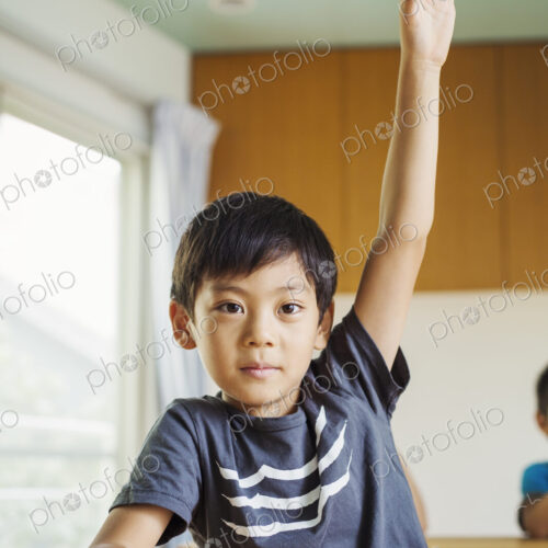 A boy with his hand up ready to answer a question. A boy with his hand up ready to answer a question.