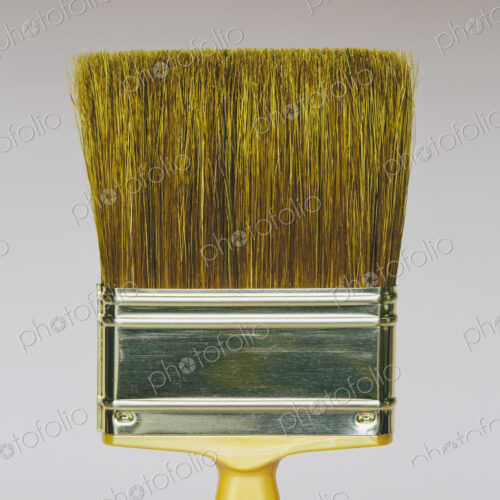 A bristle paintbrush with a yellow handle.
