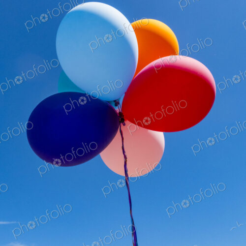 A bunch of colorful balloons inflated floating on a string, against a blue sky. A bunch of colorful balloons inflated floating on a string, against a blue sky.