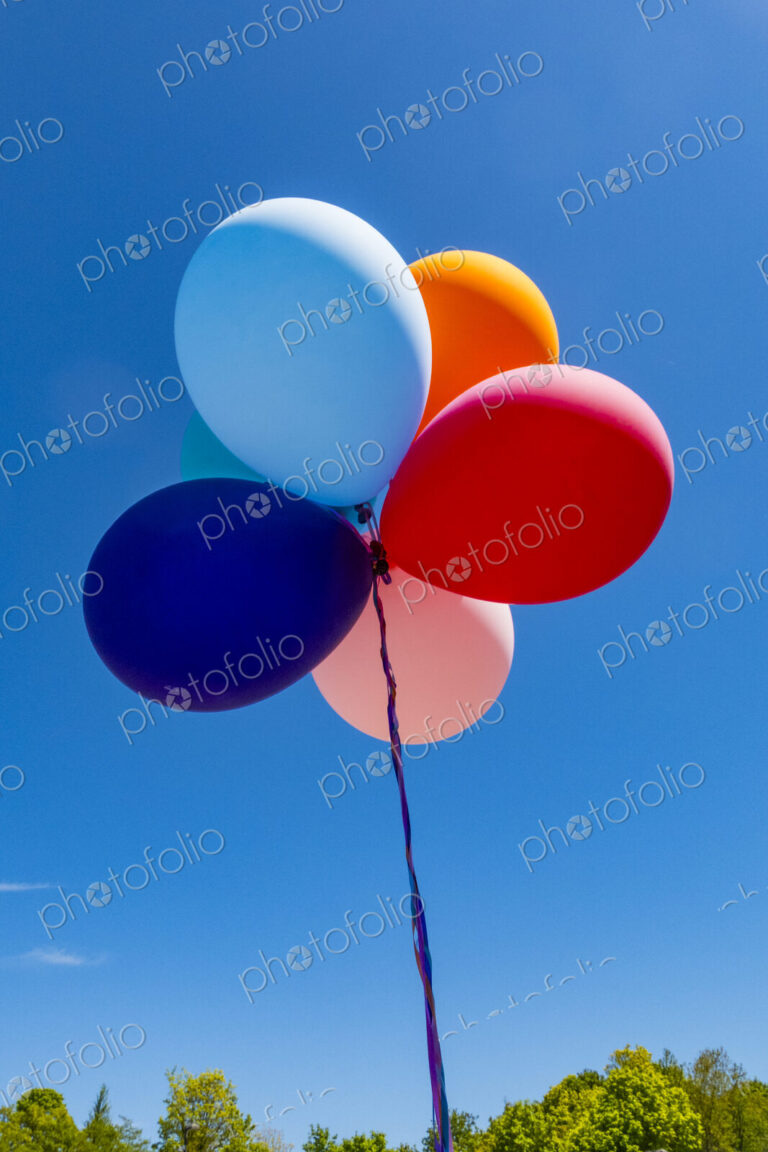 A bunch of colorful balloons inflated floating on a string, against a blue sky.
