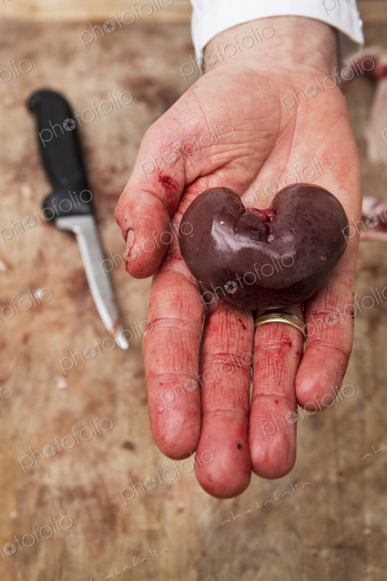 A butcher holding a fresh lamb kidney on the palm of his hand.
