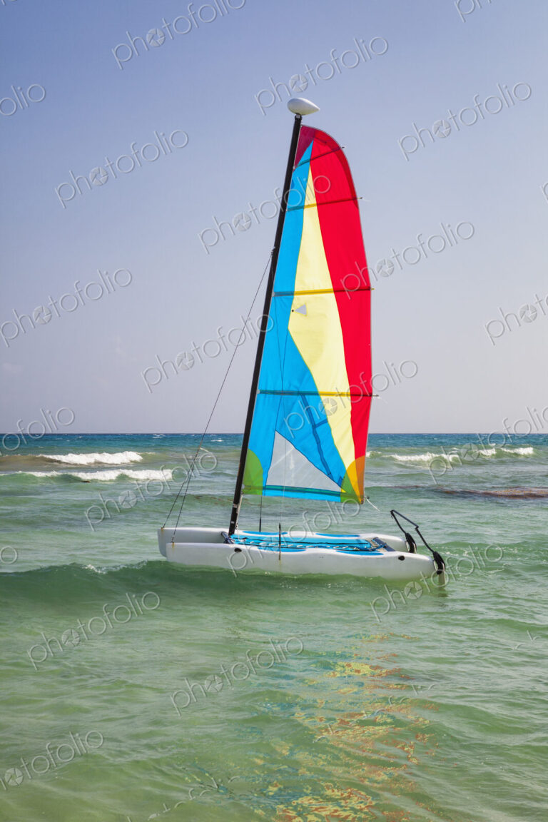 A catamaran in shallow water with the sail up.