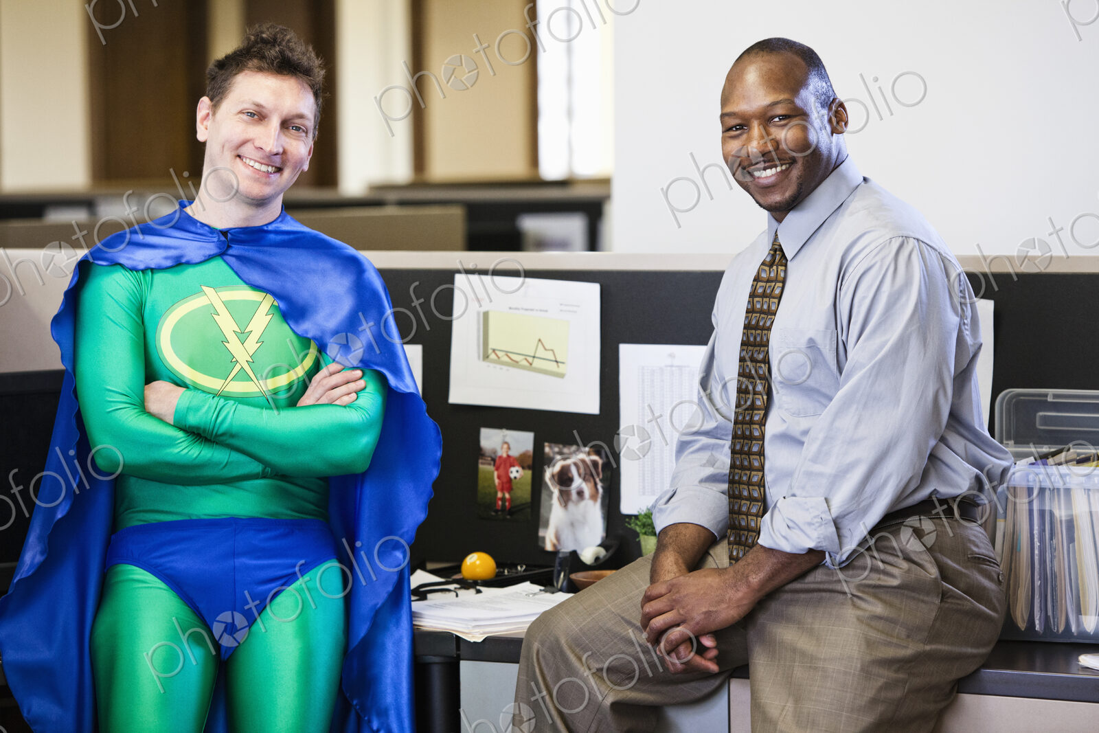 A caucasian businessman office super hero and his black business man partner.