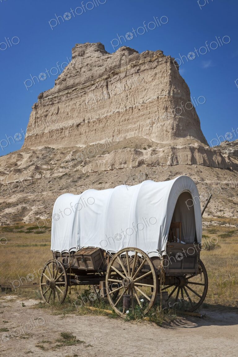 A classic covered wagon known as a prairie schooner, on open prairie below the…