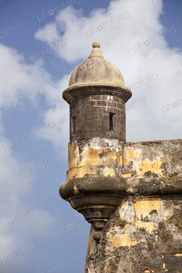 A close-up of the historic sentry box at Castillo San Felipe del Morro in Old San…