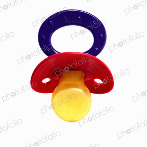 A coloured plastic baby pacifier, dummy or soother.