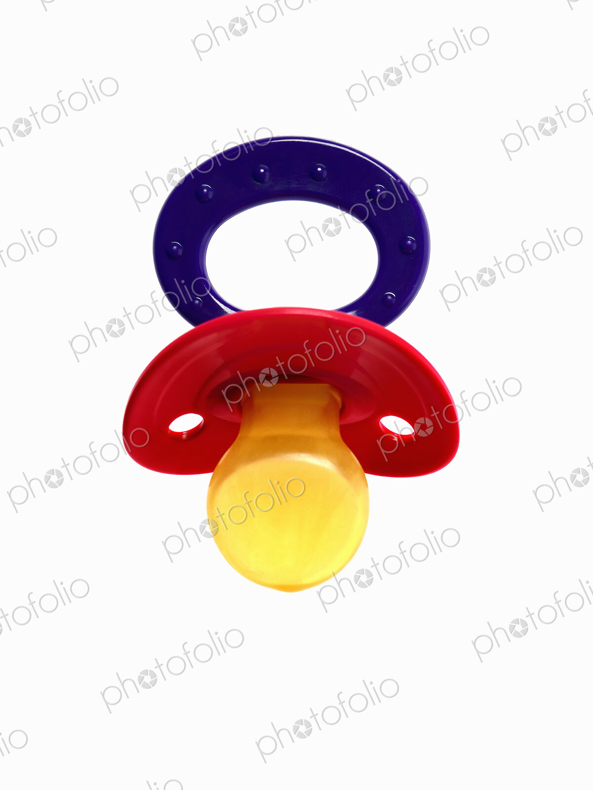 A coloured plastic baby pacifier, dummy or soother.