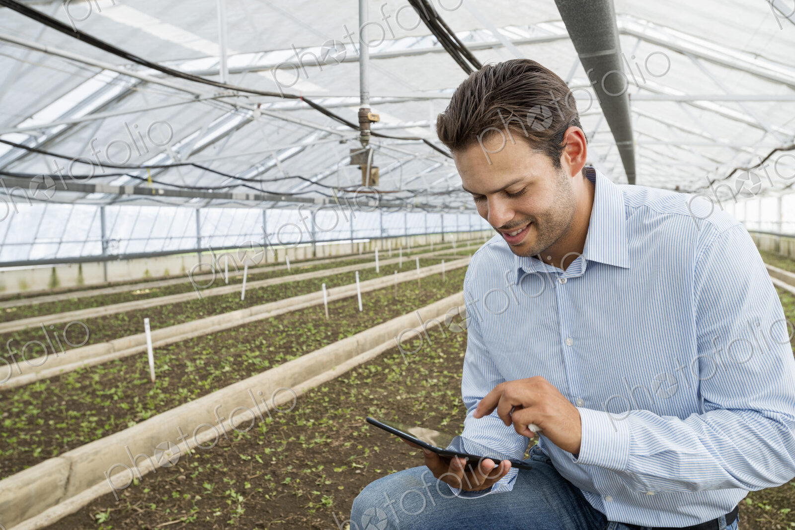 A commercial greenhouse in a plant nursery growing organic flowers. A man holding a…