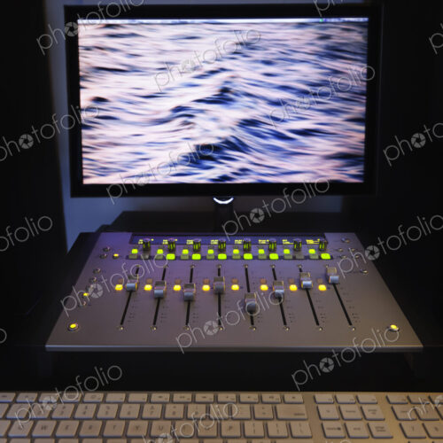 A computer workstation with sound board, speakers, headphones, recording deck and… A computer workstation with sound board, speakers, headphones, recording deck and…