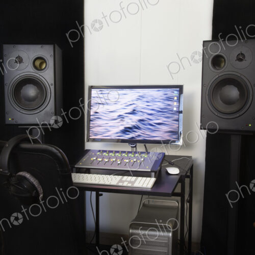 A computer workstation with sound board, speakers, headphones, recording deck and… A computer workstation with sound board, speakers, headphones, recording deck and…