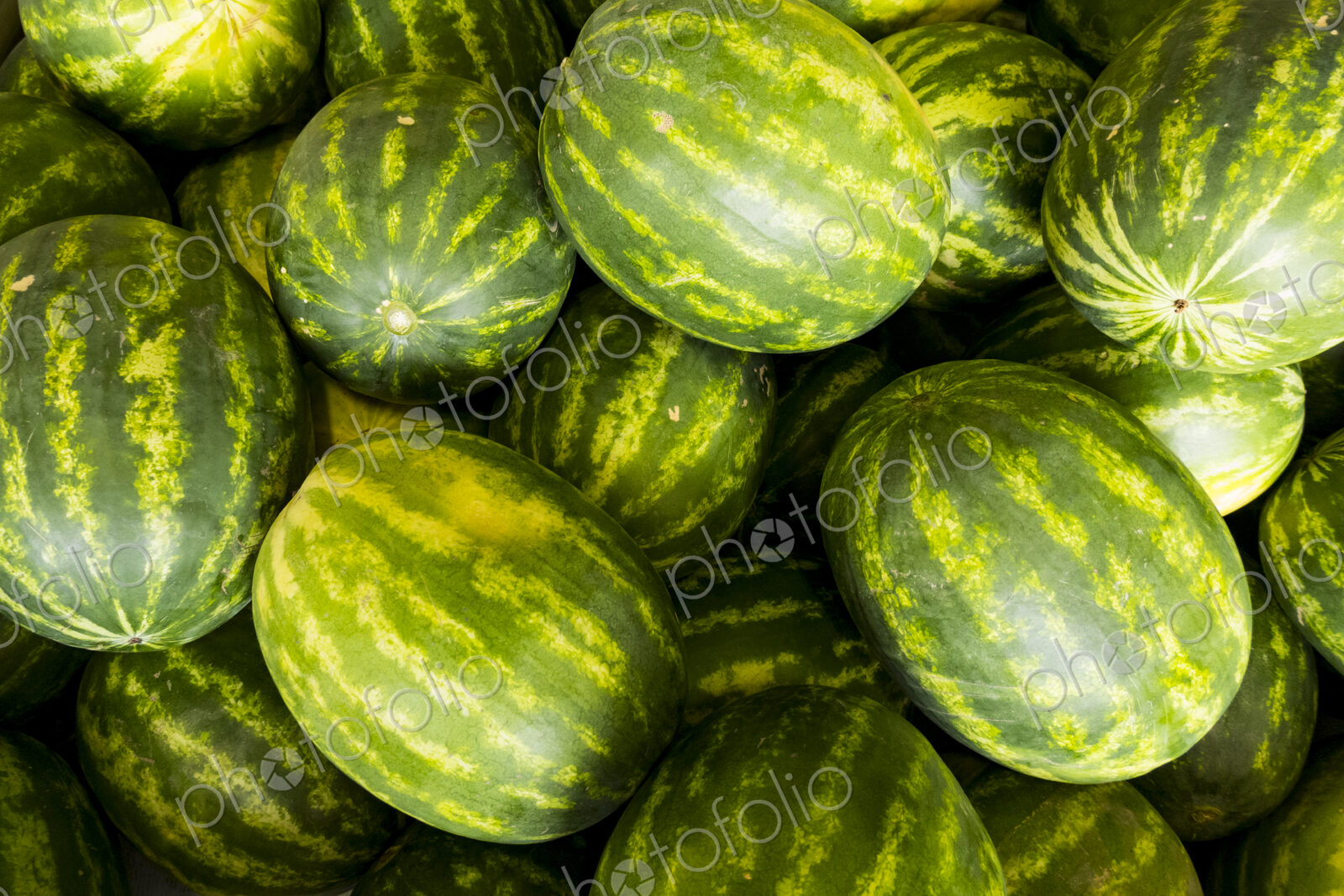 A crate of green and yellow water melons, Citrullus lanatus.