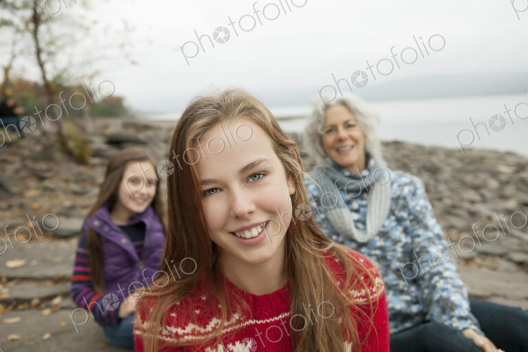 A day out at Ashokan lake. Three people, a woman and two girls.