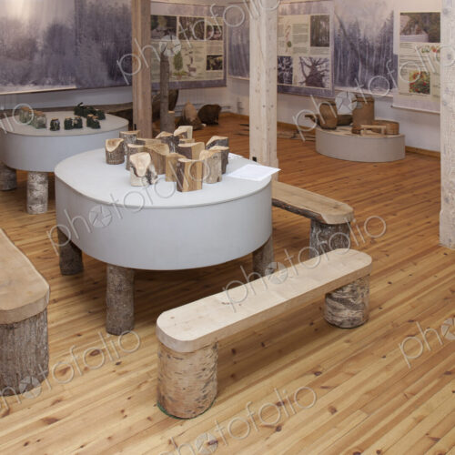 A display of wood and wooden objects, benches and tables in hte Forest Museum at…
