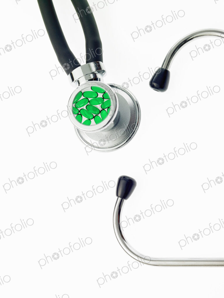 A doctor's stethoscope, a diagnostic instrument for assessment of health. Black…
