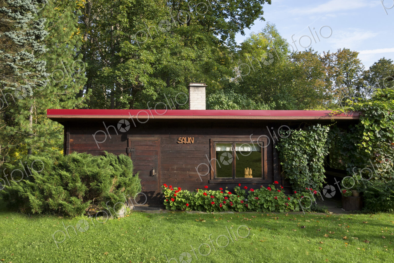 A domestic sauna in a garden.