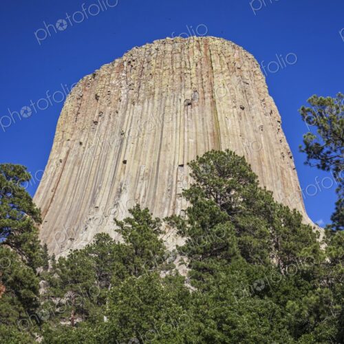 A dramatic view of Devil's Tower rising above the forest in Wyoming, showcasing its… A dramatic view of Devil's Tower rising above the forest in Wyoming, showcasing its…
