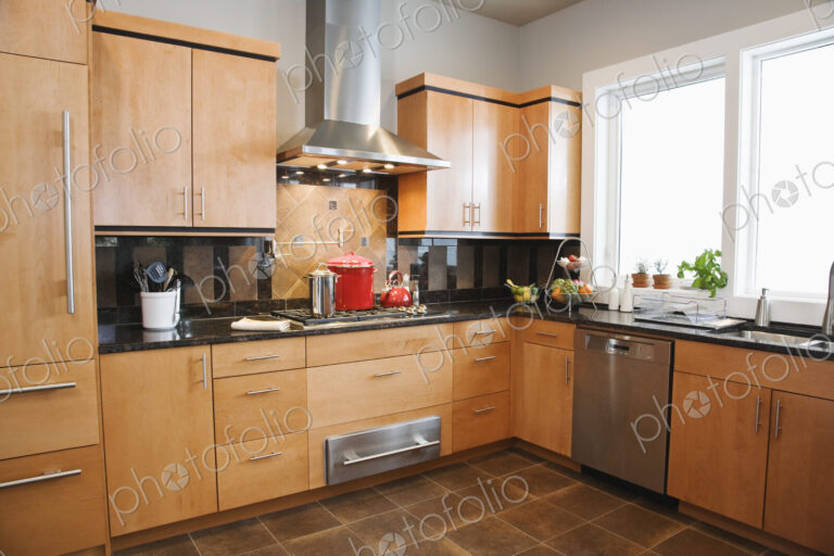 A fitted kitchen interior in a home.