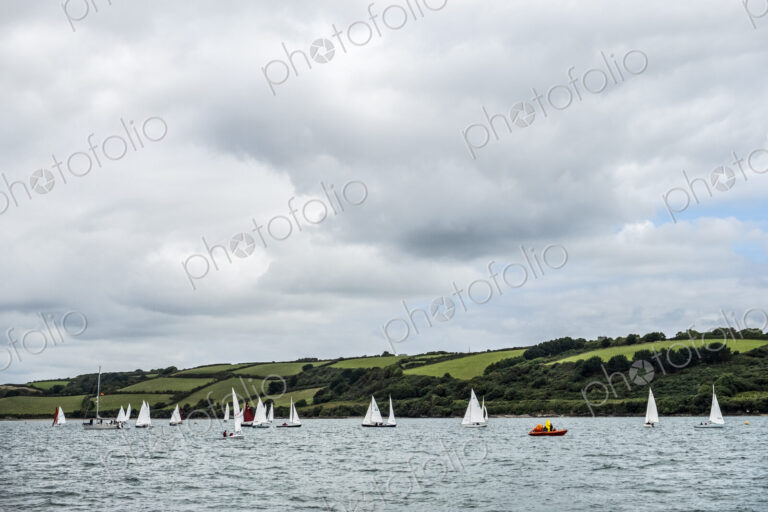 A fleet of sailing boats on the water offshore with a larger yacht and a safety…