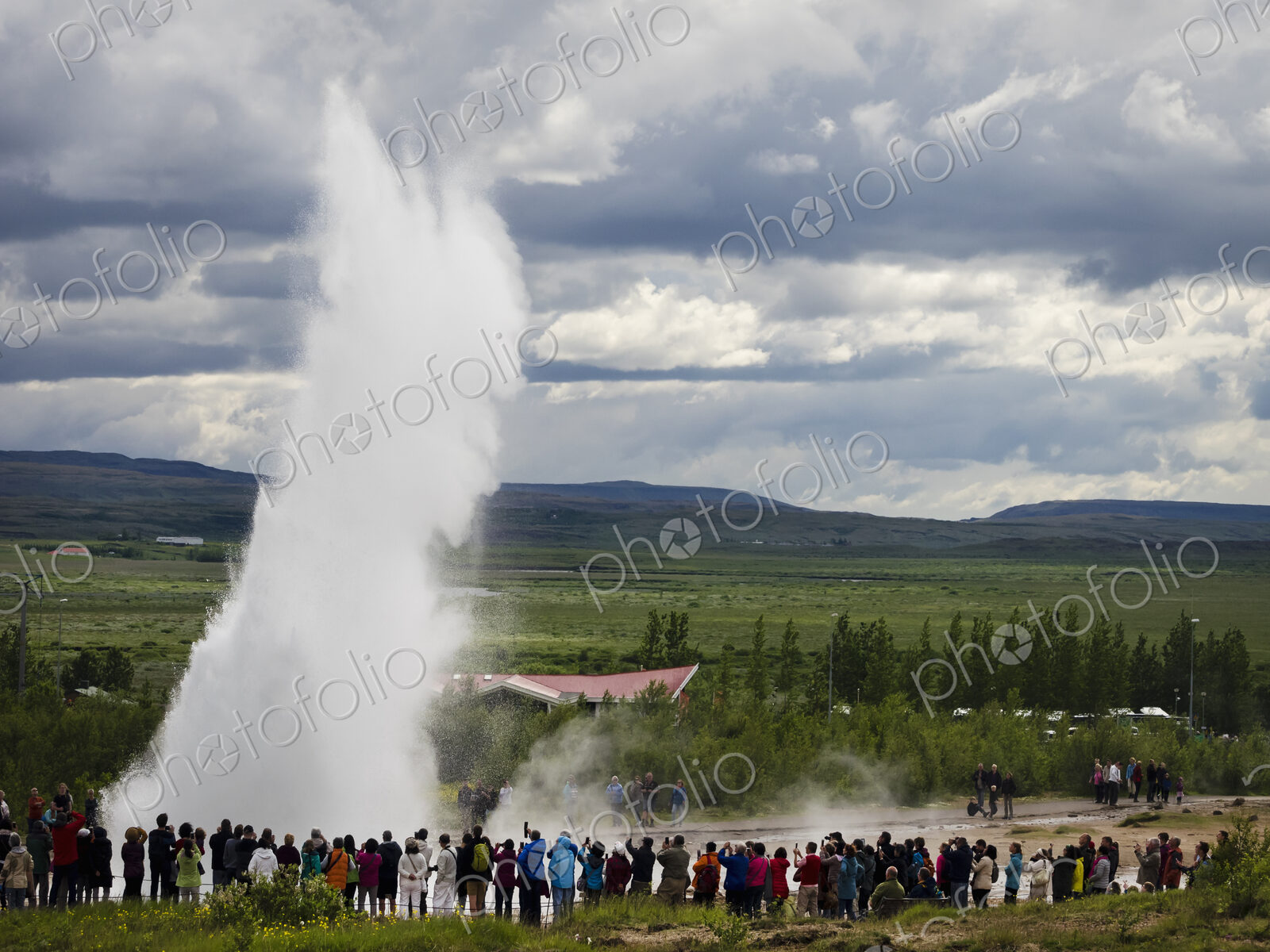 A geysir, a plume of hot steam escaping from the ground at hot springs.