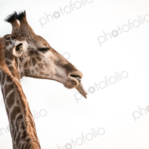 A giraffe's head, Giraffa camelopardalis, chewing, ears back. A giraffe's head, Giraffa camelopardalis, chewing, ears back.