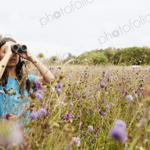 A girl holding binoculars, a young bird watcher standing in a meadow of tall grass and… A girl holding binoculars, a young bird watcher standing in a meadow of tall grass and…