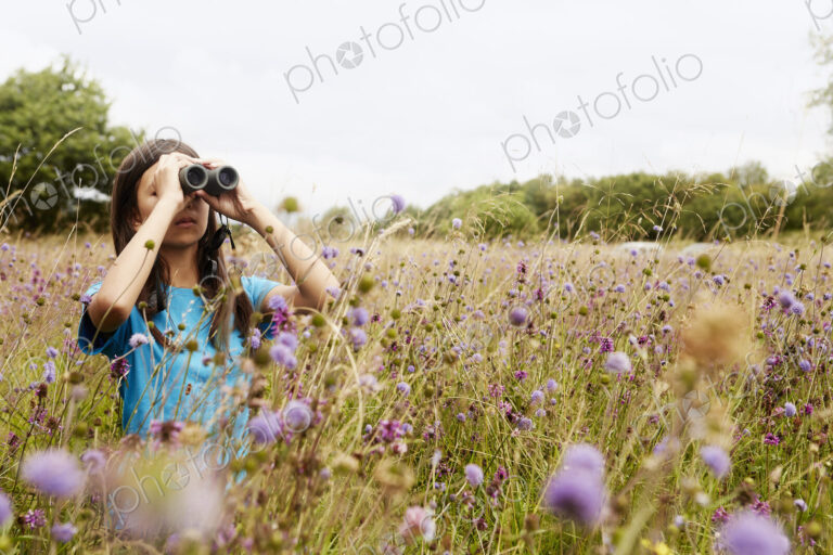 A girl holding binoculars, a young bird watcher standing in a meadow of tall grass and…