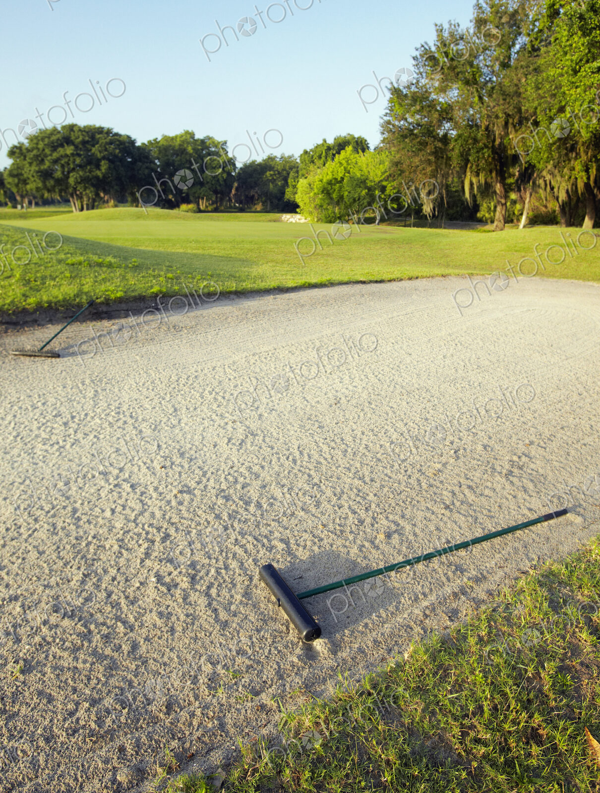 A golf course bunker, sand trap with a rake