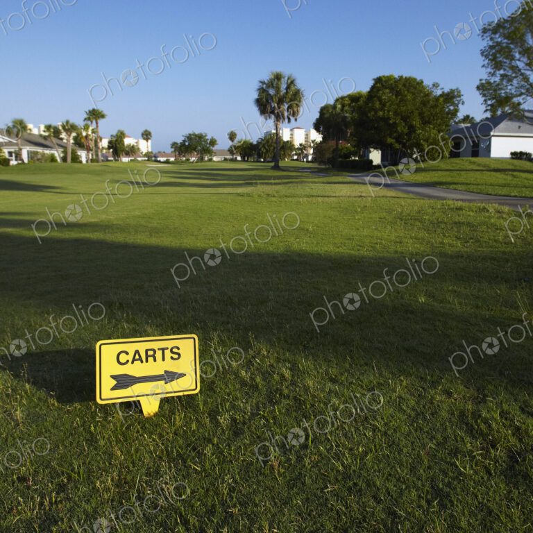 A golf course fairway, with a sign for Carts, directional arrow.