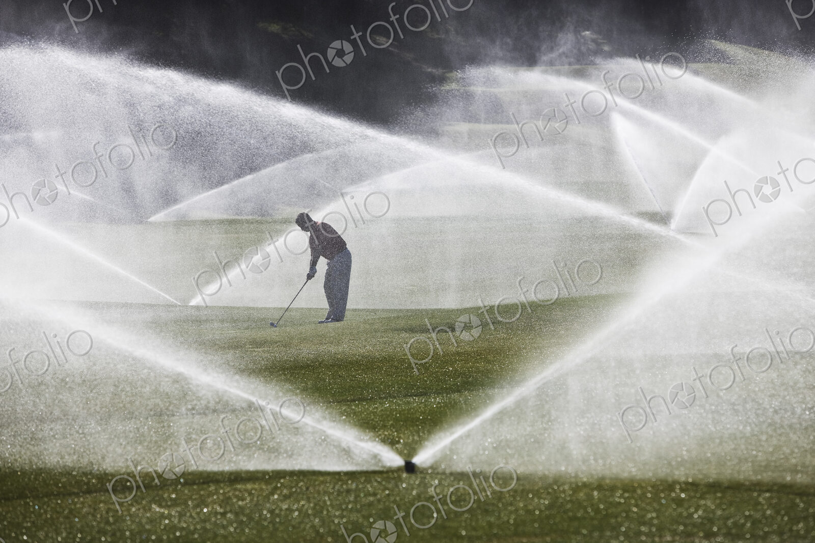 A golfer hitting his second shot on the fairway when the sprinkler system turns on.