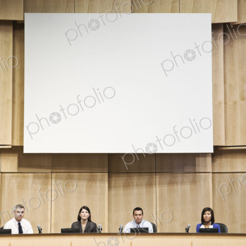 A group of businesswomen and men in a poltical meeting.