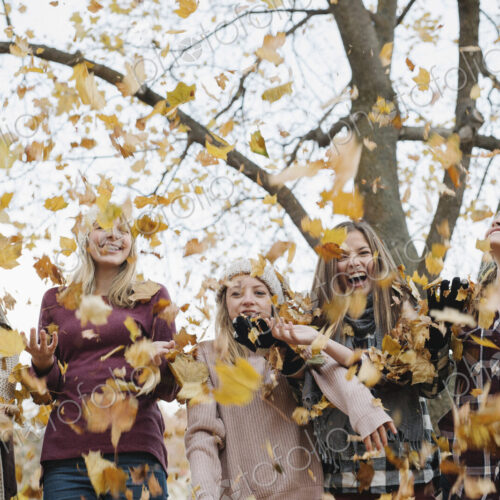 A group of five teenage girls throwing autumn leaves in the air. A group of five teenage girls throwing autumn leaves in the air.