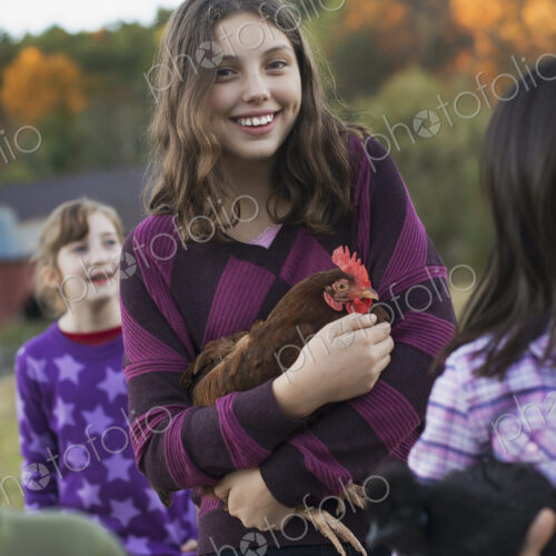 A group of four children in a group, two girls holding chickens, carrying them. A… A group of four children in a group, two girls holding chickens, carrying them. A…