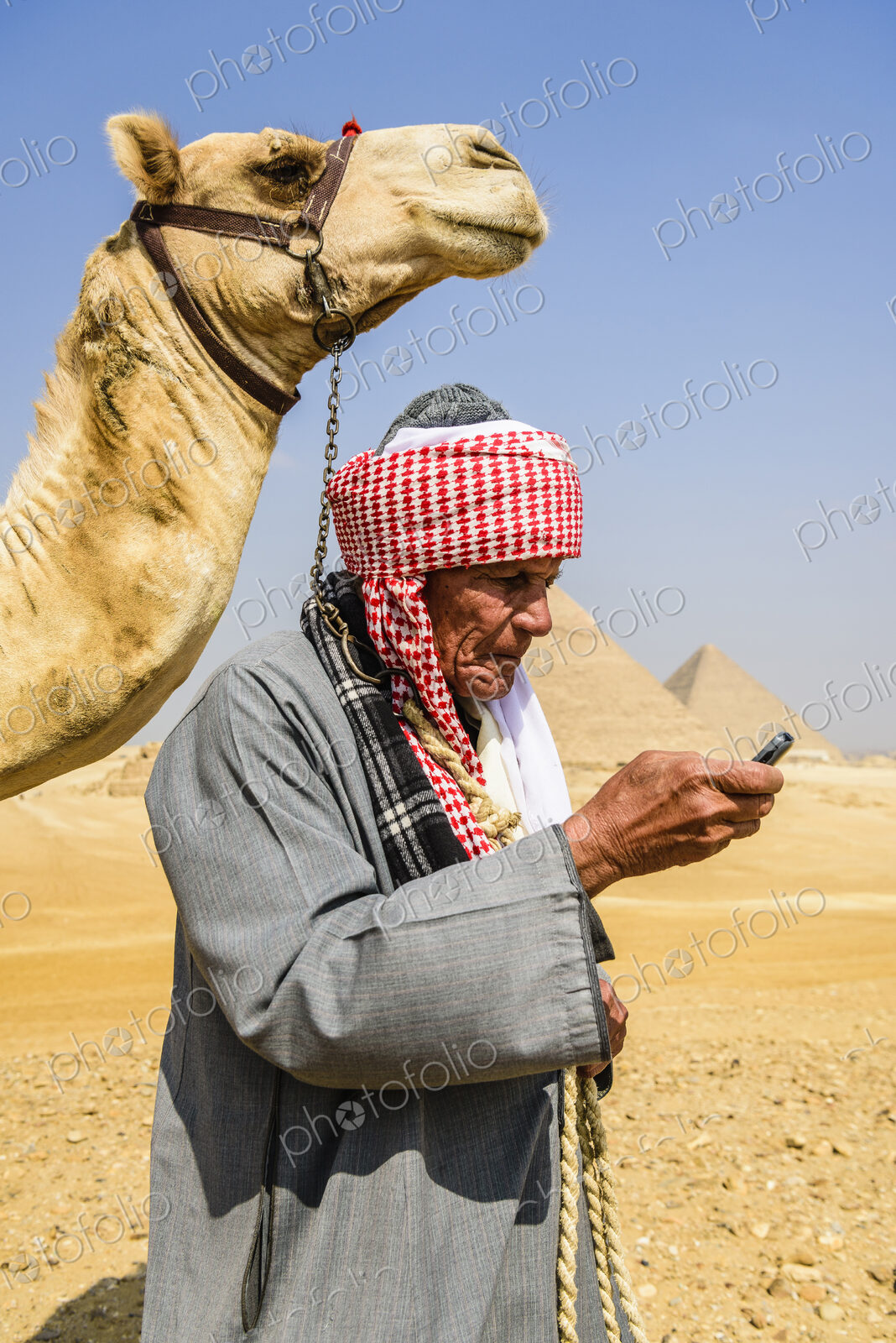 A guide in traditional Arab dress, robe and turban using a mobile phone, and his camel.