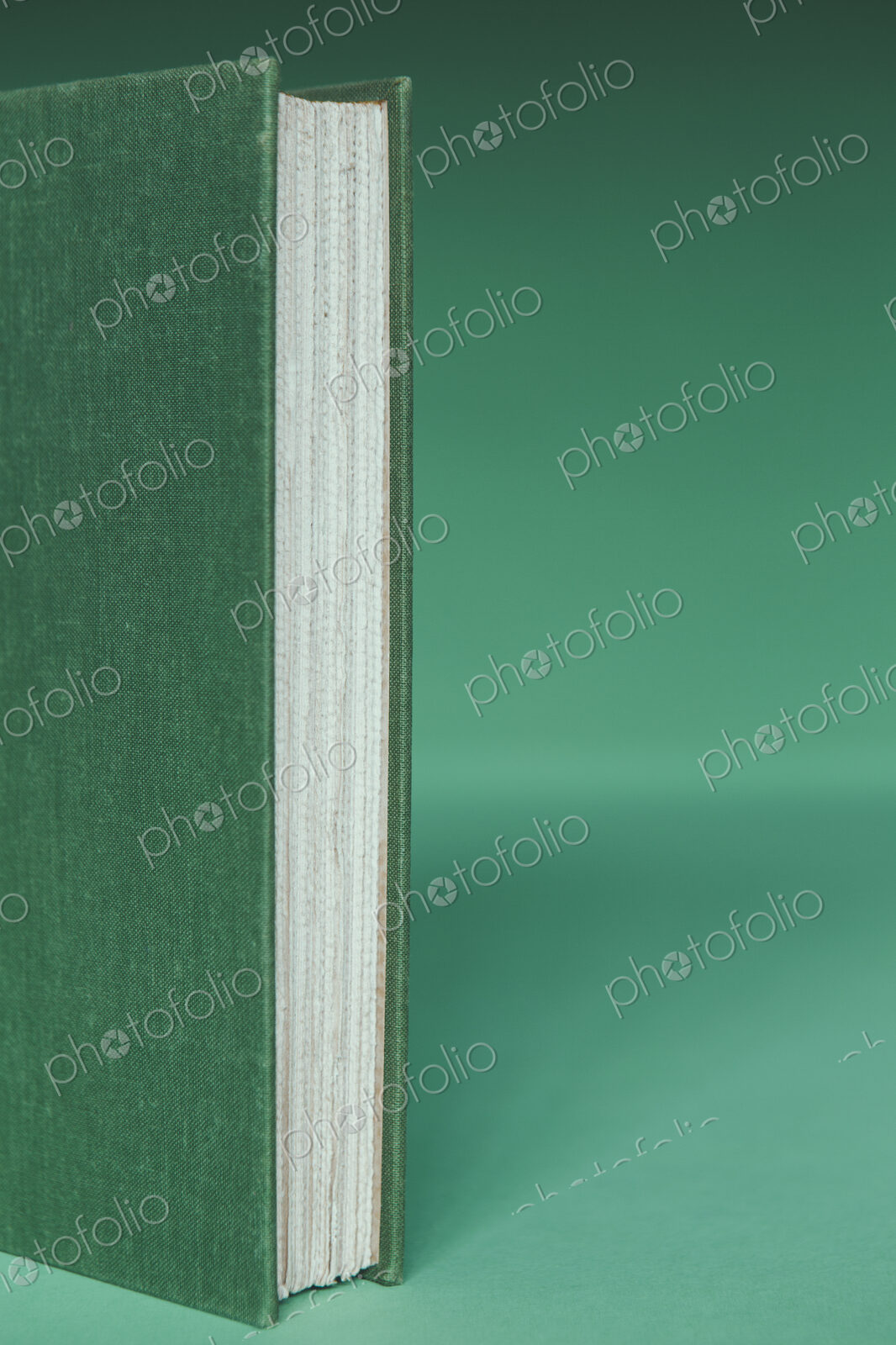 A hard cover book with a green cover, and white paper page edges, upright on a green…
