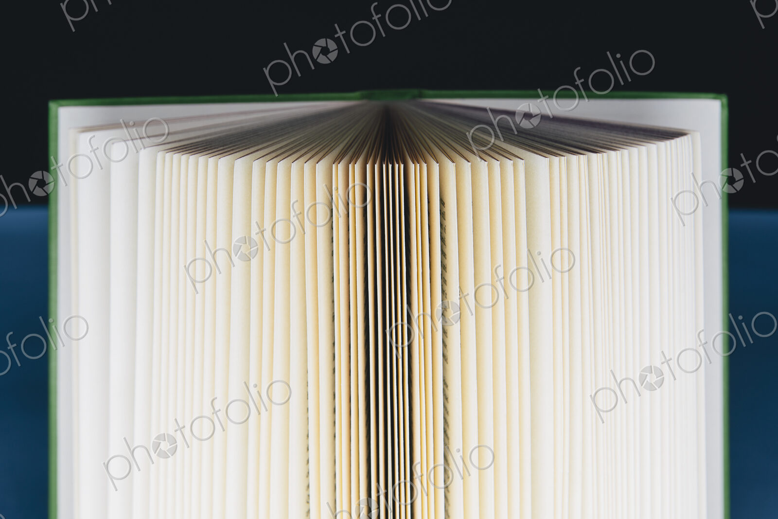A hard cover printed book, opened and upright. Pages fanned out with graduated…