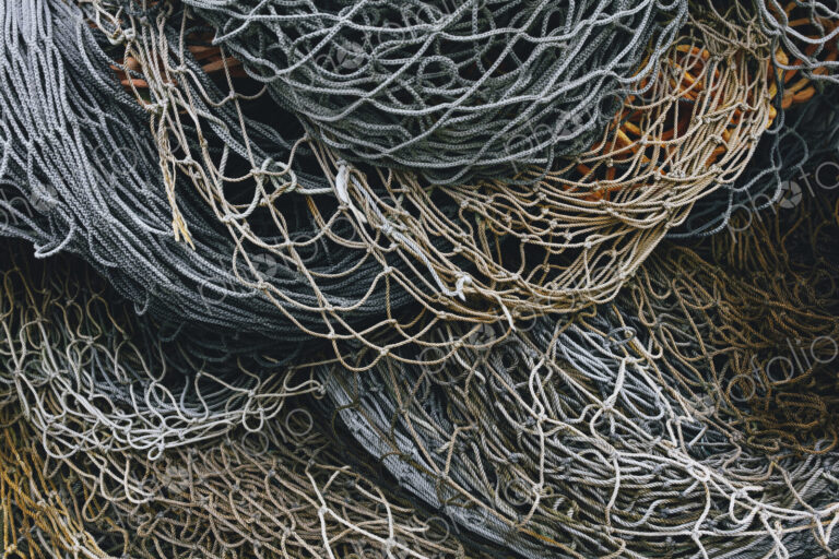 A heap of commercial fishing nets on the quayside.