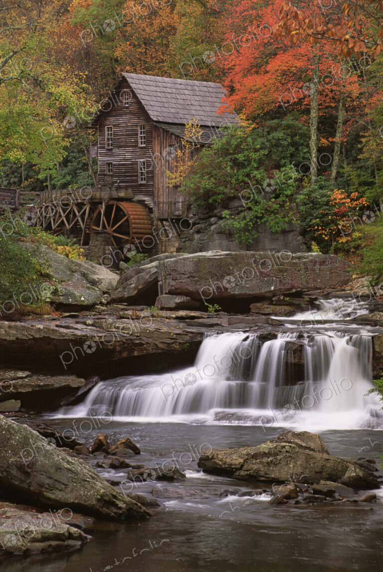 A historic grist mill building on the banks of Glade Creek in West Virginia.