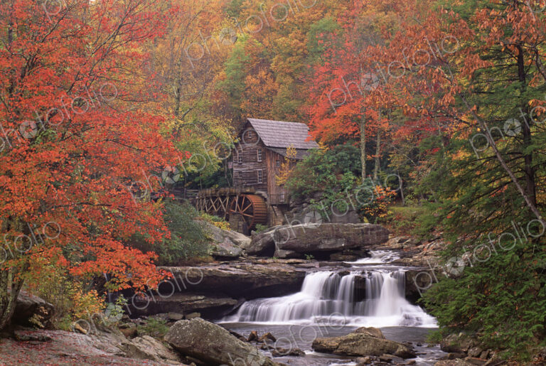 A historic grist mill building on the banks of Glade Creek in West Virginia.