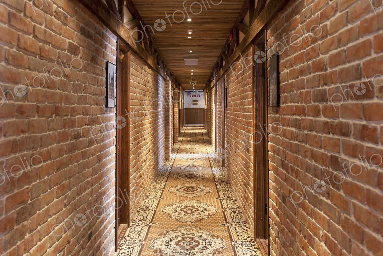 A hotel corridor with a vintage runner carpet